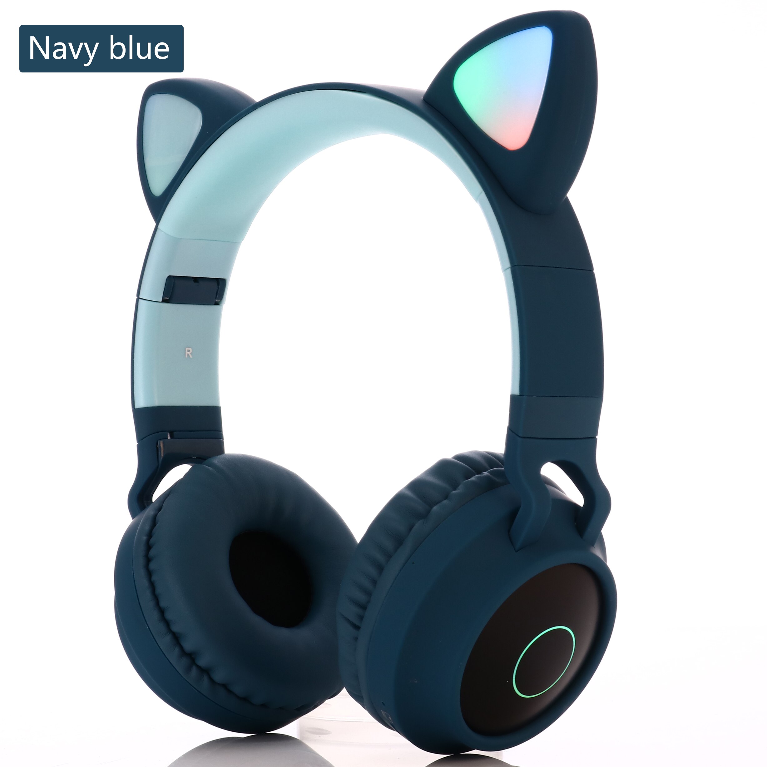 Bluetooth Sans Fil Chat Oreilles Casque Avec Micro, Enfant Mignon Fille Stéréo Musique Casque Pliable CASQUE LED: Headset028 Navy Blue