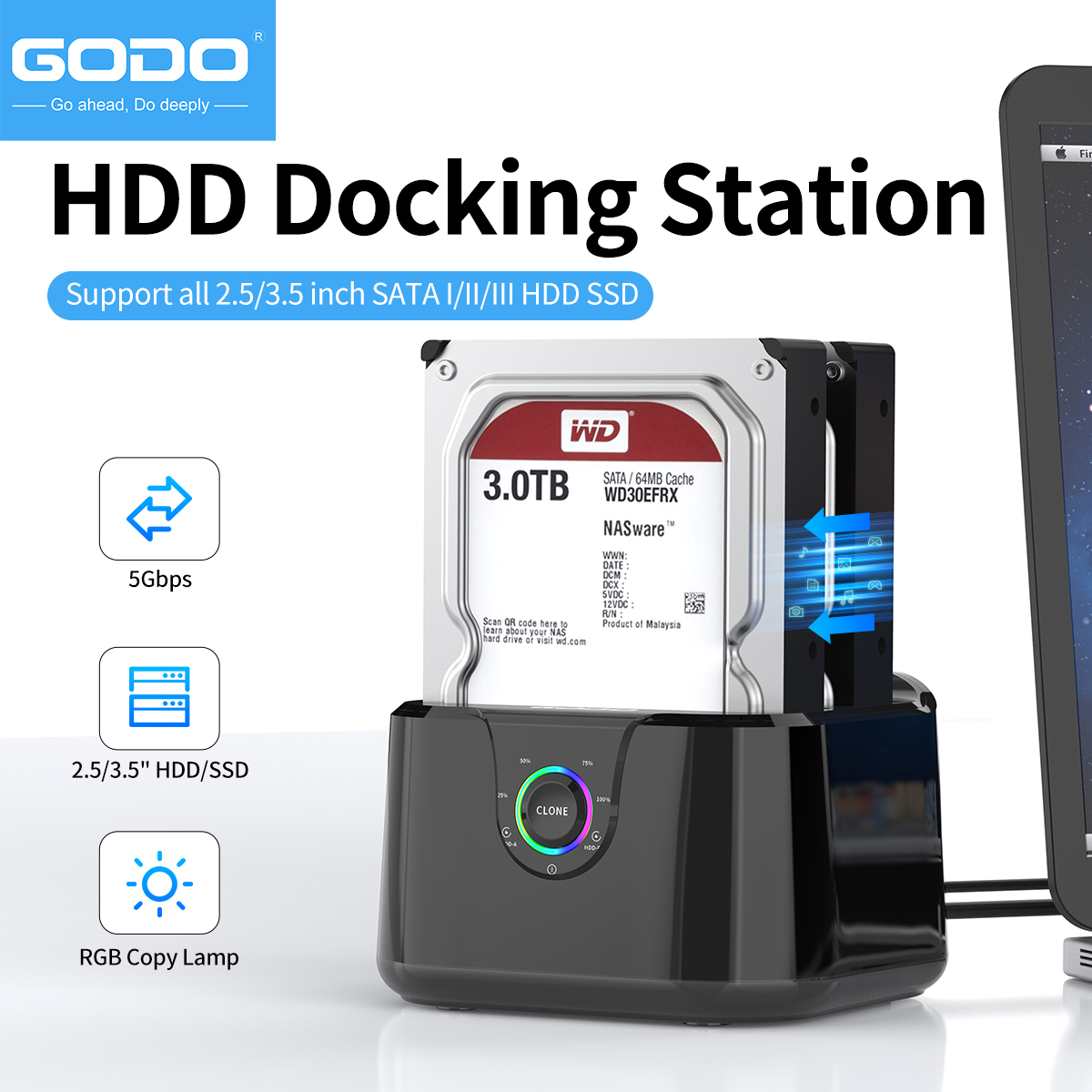 GODO Hard Drive Docking Station to USB 3.0 Type C ,Dual Bay Hard Drive Dock for SATA 2.5 / 3.5 inch HDDs/SSDs with LED Indicator