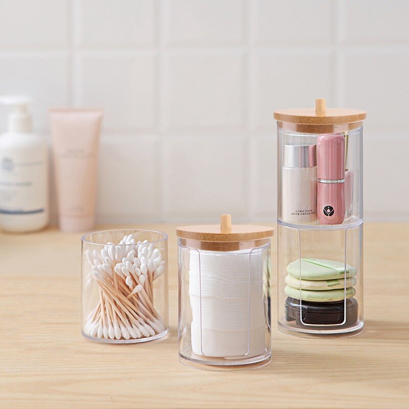 Makeup Cotton Pad Organizer Storage Box For Cotton Swabs Rod Cosmetics Jewelry Bathroom Qtip Container with Bamboo Lid