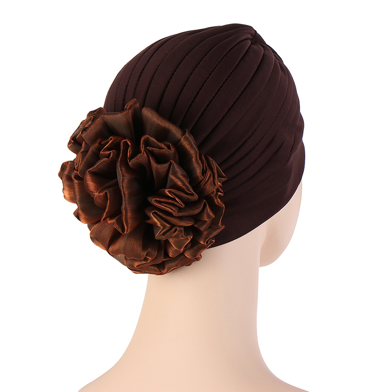 Solid Color Turban Hat Female Stylish Indian Exaggerated Big Flower Turban Hat Western Style Comfortable Pullover Hat: coffee