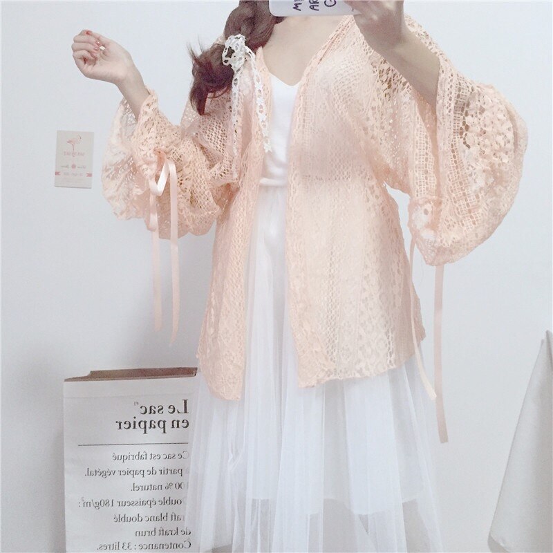 2020 mulheres verão estilo Coreano super fadas rendas lanterna manga solta de manga comprida mid-comprimento protetor solar cardigan: Rosa