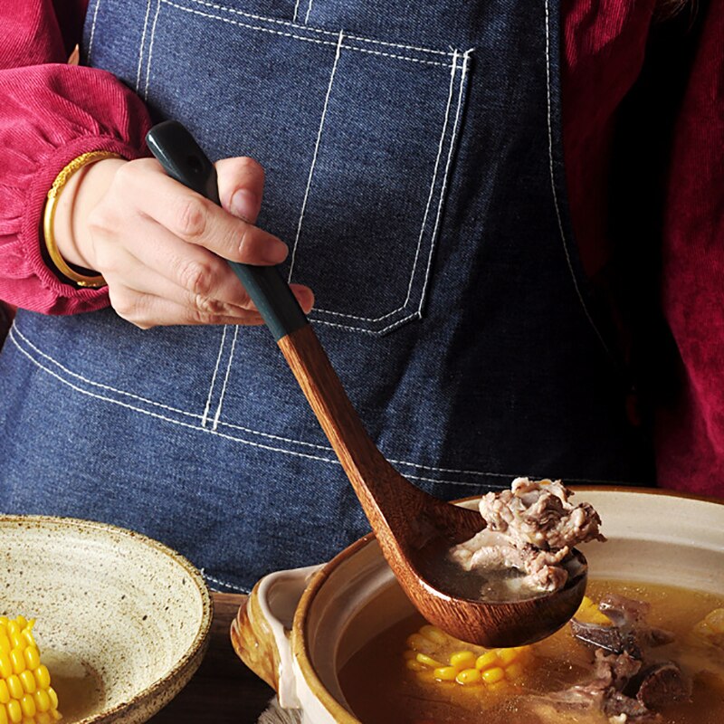 2022 Wooden Long-handled Spatula Wood Dark Green Handle Cooking Kitchenware Non-stick Soup Rice Spoon