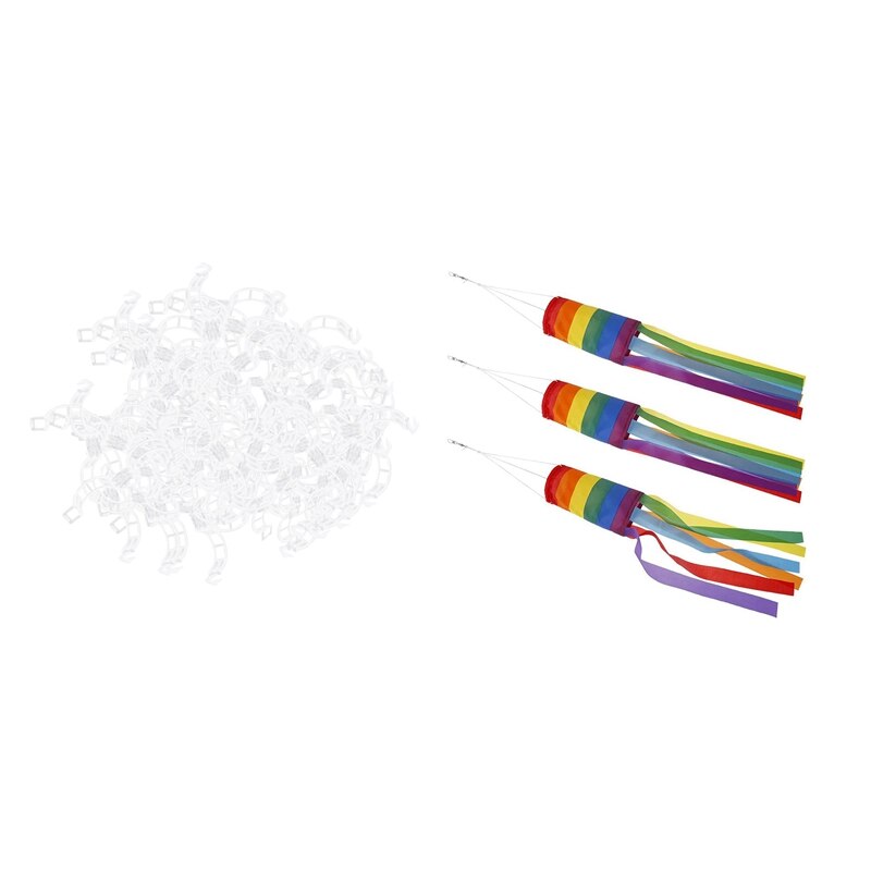 100 Stuks Duurzaam 25Mm Plastic Plant Ondersteuning Clips Met 3 Pcs Regenboog Windzak Kleurrijke Windzak: Default Title