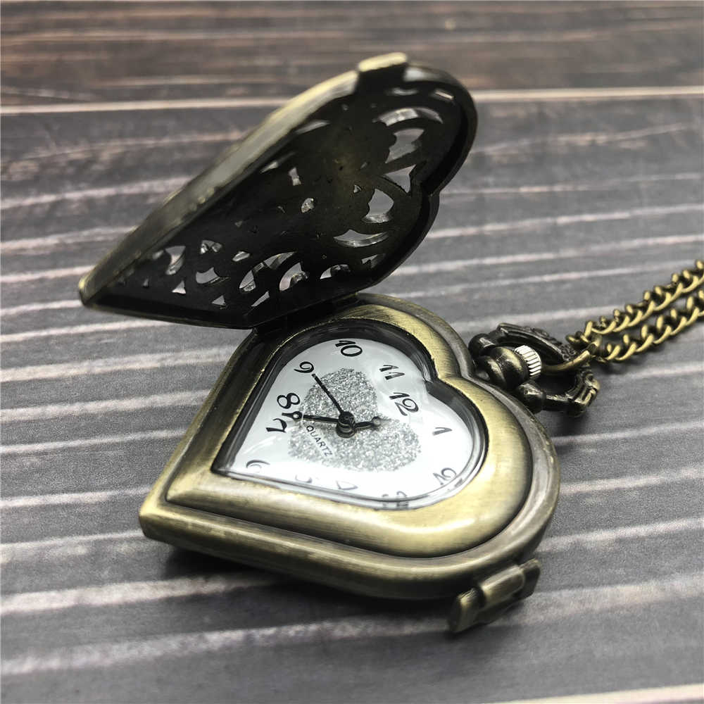 Antique Heart Shape Quartz Pocket Watch for Necklace Chain Lovely Girls Women Watches Girl Birthday CF1065