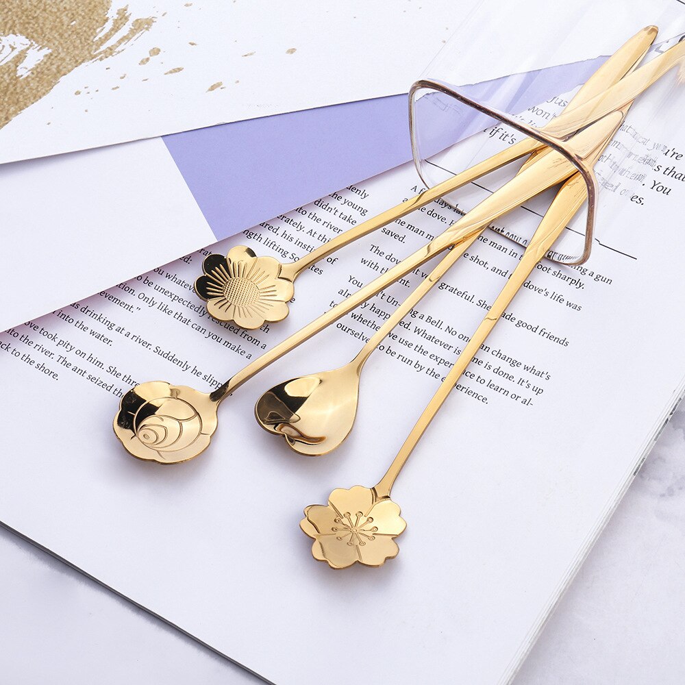 Gouden Bloem Scoop Japanse Roestvrij Staal Thee Prachtige Vergulde Lepel Roer Kleine Dessert Lepel Koffie Lepel