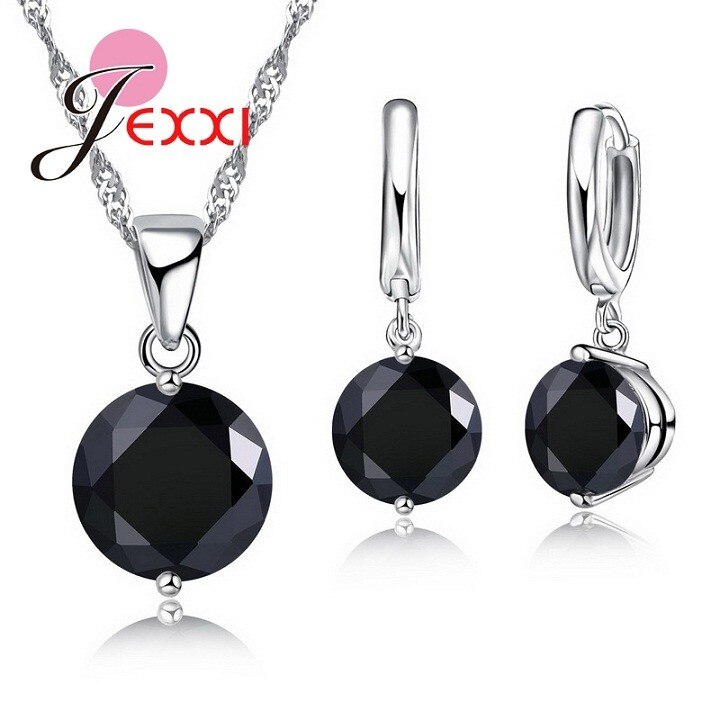 Conjunto de joyas para mujer, Plata de Ley 925 auténtica, cristales redondos, CZ, colgante, collar, pendientes, novedad: black