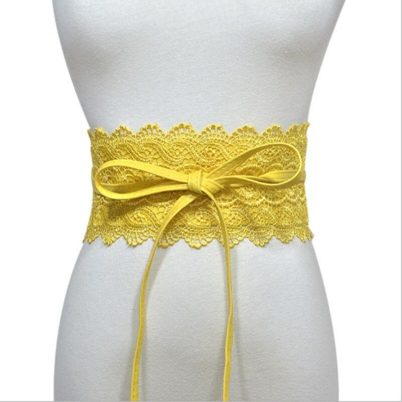 Women Lady Stretch Buckle Waist Belt Wide Lace Elastic Waistband Wide Corset Lace Belt Female Wedding Dress Waist Band: Yellow