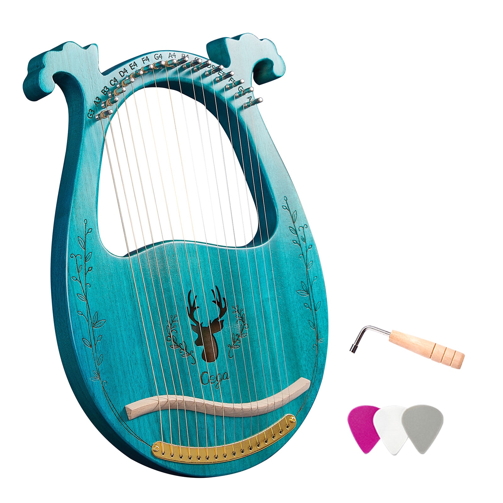 16-- snarige houten lier, harp, klankkast, snaarinstrument met stemsleutel, 3 stuks plectrums, snaarinstrumenten