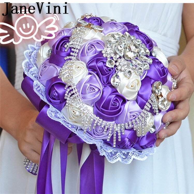 JaneVini Flores Boda Royal Blue Wedding Bridal Bouquet Luxury Crystal Beaded Bride Flower Bouquet Sposa Rhinestones Satin Brooch