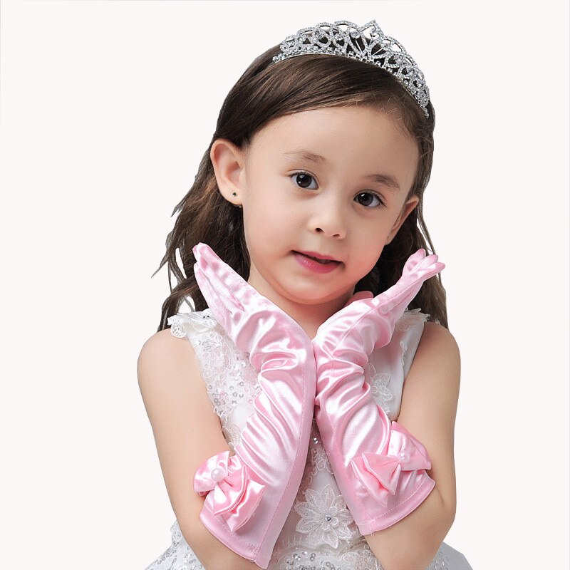 Lange Handschoenen Zonnebrandcrème Satijn Kids Meisjes Handschoenen Voor Party Wedding Dansvoorstelling Meisje Boog Handschoenen Baby Kinderen Jurk Accessoire: Pink kids gloves