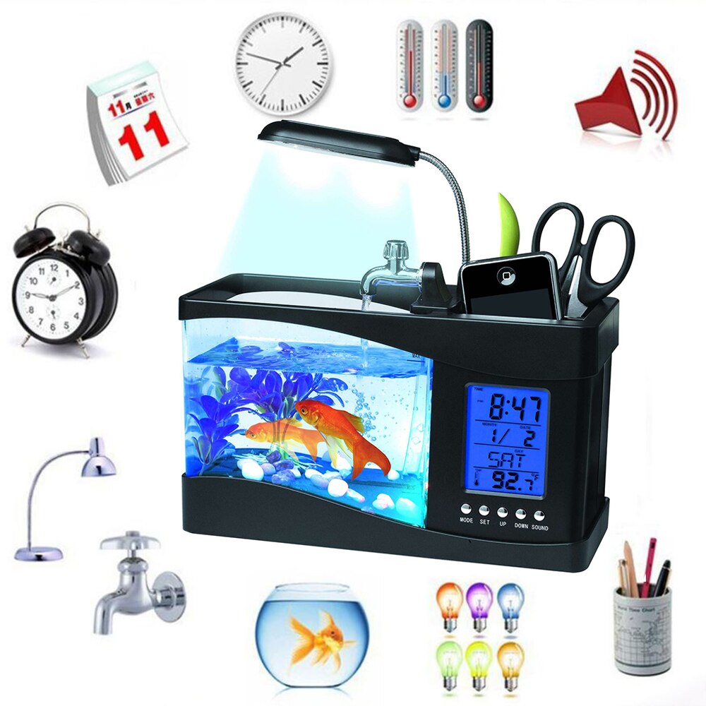 Mini Fish Tank Desktop Aquarium USB Multi-functional Fish Bowls LCD Display Screen Calendar Clock Aquarium Tank D20