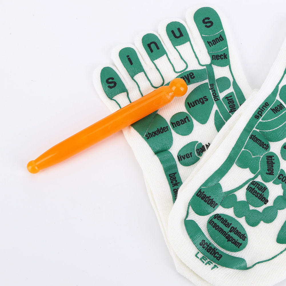 Fuß massage Akupressur Socken Akupunktur handschuhe Hand Füße Reflex zonen massage Socken Englisch Illustration Akupunktur Werkzeuge mit Massage stab