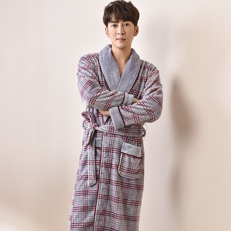 Plaid Robes pour hommes Super doux flanelle corail polaire longue Robe de bain hommes Kimono peignoir mâle Robe de chambre Robes