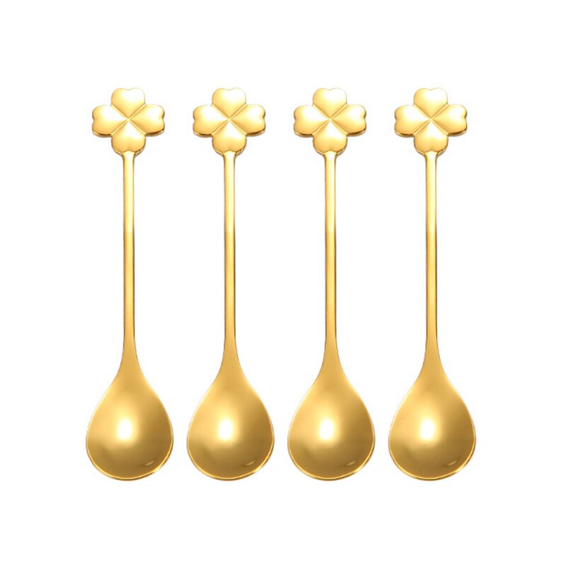 4 Stks/partij Koffie Lepels 12.4 Cm Tiny Lepels 304 Rvs Klavertje Vier Lepel Dessertlepel Set Serveren lepel: Gold 4 Pcs