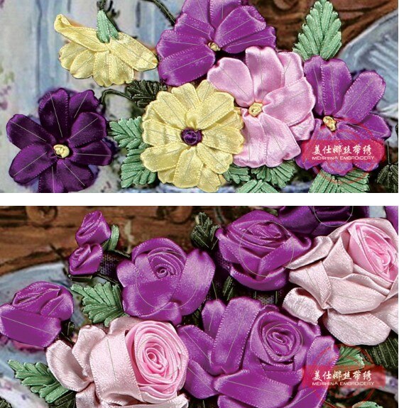 3D rose flowers Ribbon embroidery painting sets handcraft embroidery circle DIY handmade needlework wall art decor
