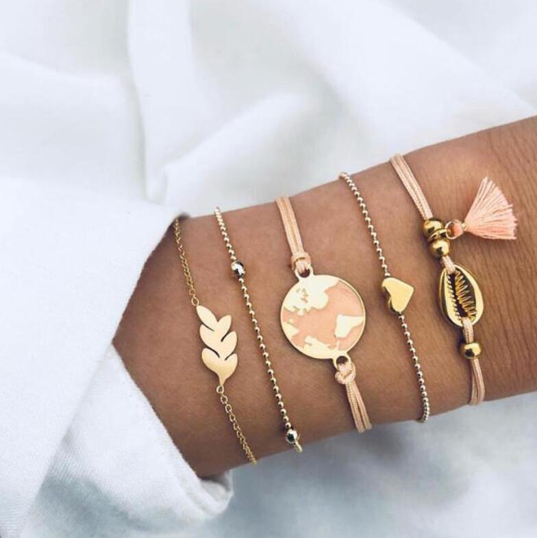 Docona 25 Stijl Bohemen Mode Zomer Armbanden Shell Star Hollow Geometrische Hollow Kaart Touw Bangles Vrouwen Dames Sieraden: 4000