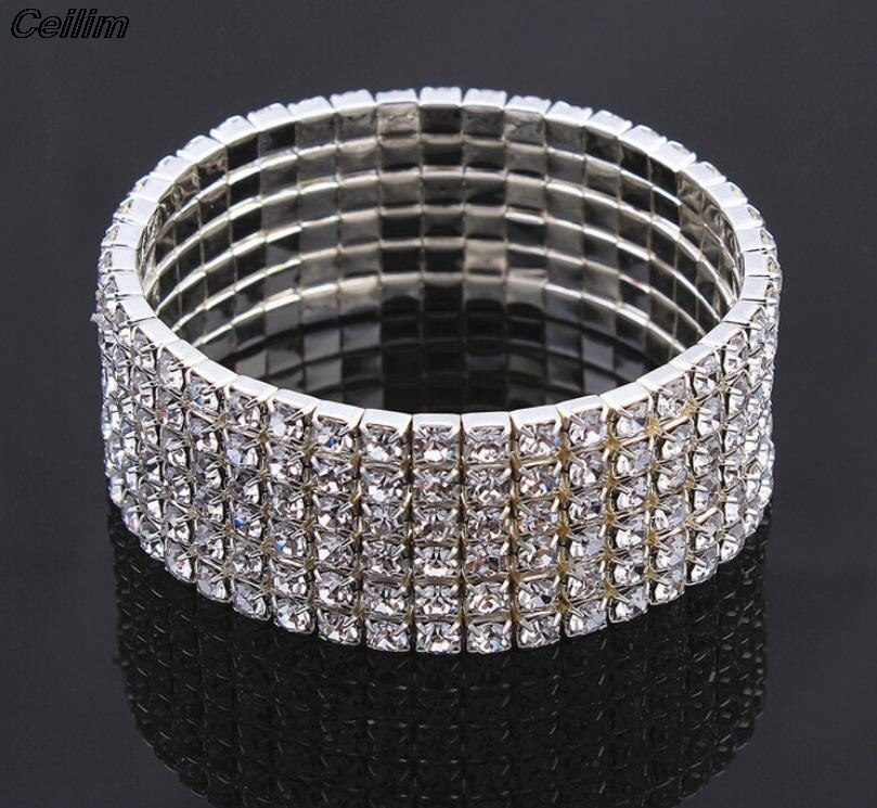 1 To 8 Rows Full Crystal Rhinestone Elastic Bracelet Silver Color Bangle Bling Wristband Women Wedding Bridal Jewelry: 6rows