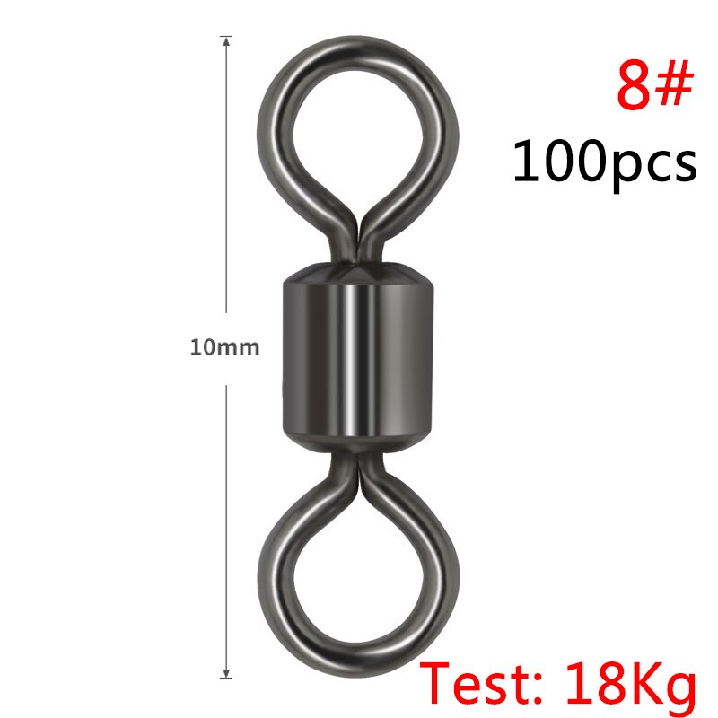 100PCS/Lot Fishing Swivels Ball Bearing Swivel with Safety Snap Solid Rings Rolling Swivel for Carp Fishing Accessories: Size8 10mm 18kg