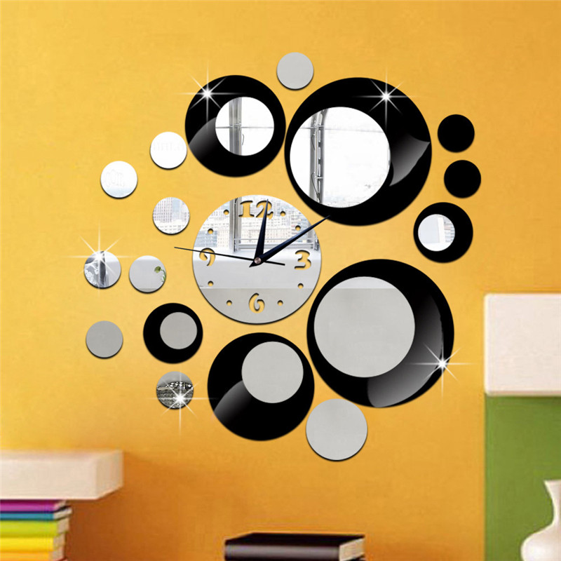 2 Styles Circular art scale Wall Clock Frame Mirror Surface Wall Stickers Children Bedroom 3D DIY Wall Decoration Detachable Art: Black