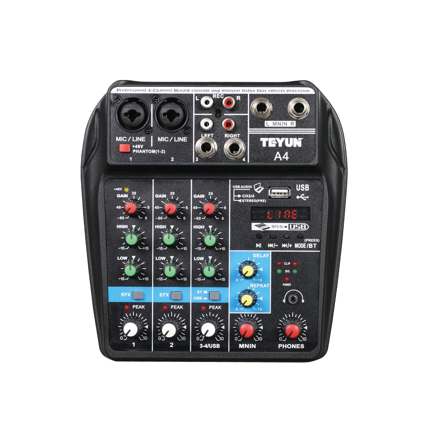 A4 Mixing Console 4 Channel Bluetooth USB Record Computer Playback 48V Phantom Power Delay Repaeat Effect