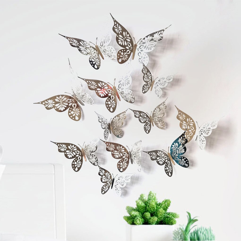 Autocollant Mural papillon 3D en papier ajouré doré, 12 pièces/ensemble, pour fête de , fenêtre de Shopping, décoration de maison, pour chambre d'enfants
