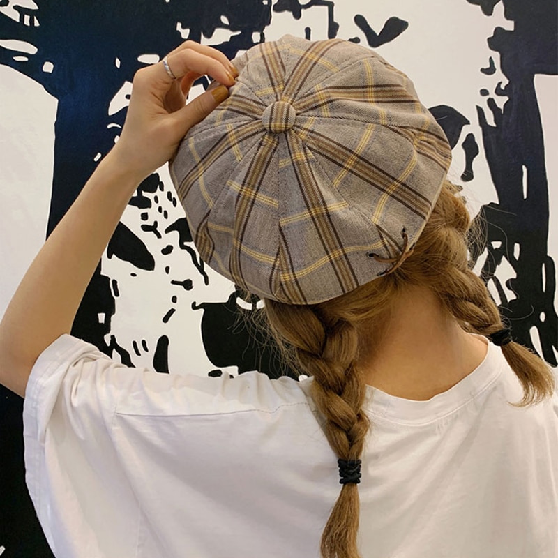 Foux newsboy kepsar kvinnor fyra säsonger sommar pläd randig bagarpojke hatt åttakantig justerbar målare bomull koreansk stil
