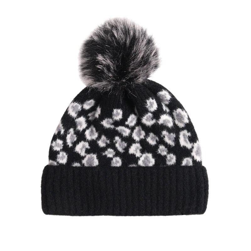 Women’s Winter Knit Hat Cap Adults Winter Warm Classic Leopard Print Beanie Cap with Big Faux Fur Pom Ladies Knitted Bomber Hats: A