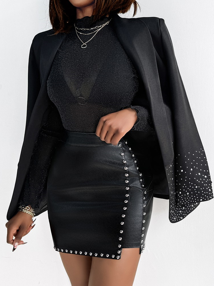 Minifaldas sexis de cintura alta con tachuelas de PU, falda ceñida informal con abertura lateral Irregular para mujer, ropa de diaria de verano, color negro: M