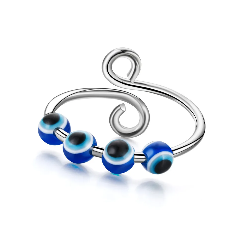 Trendy Rainbow Anxiety Rings Adjustable Stainless Steel Fidget Rotate Bead Anti Stress Relief Finger Ring Jewelry For Women: Blue