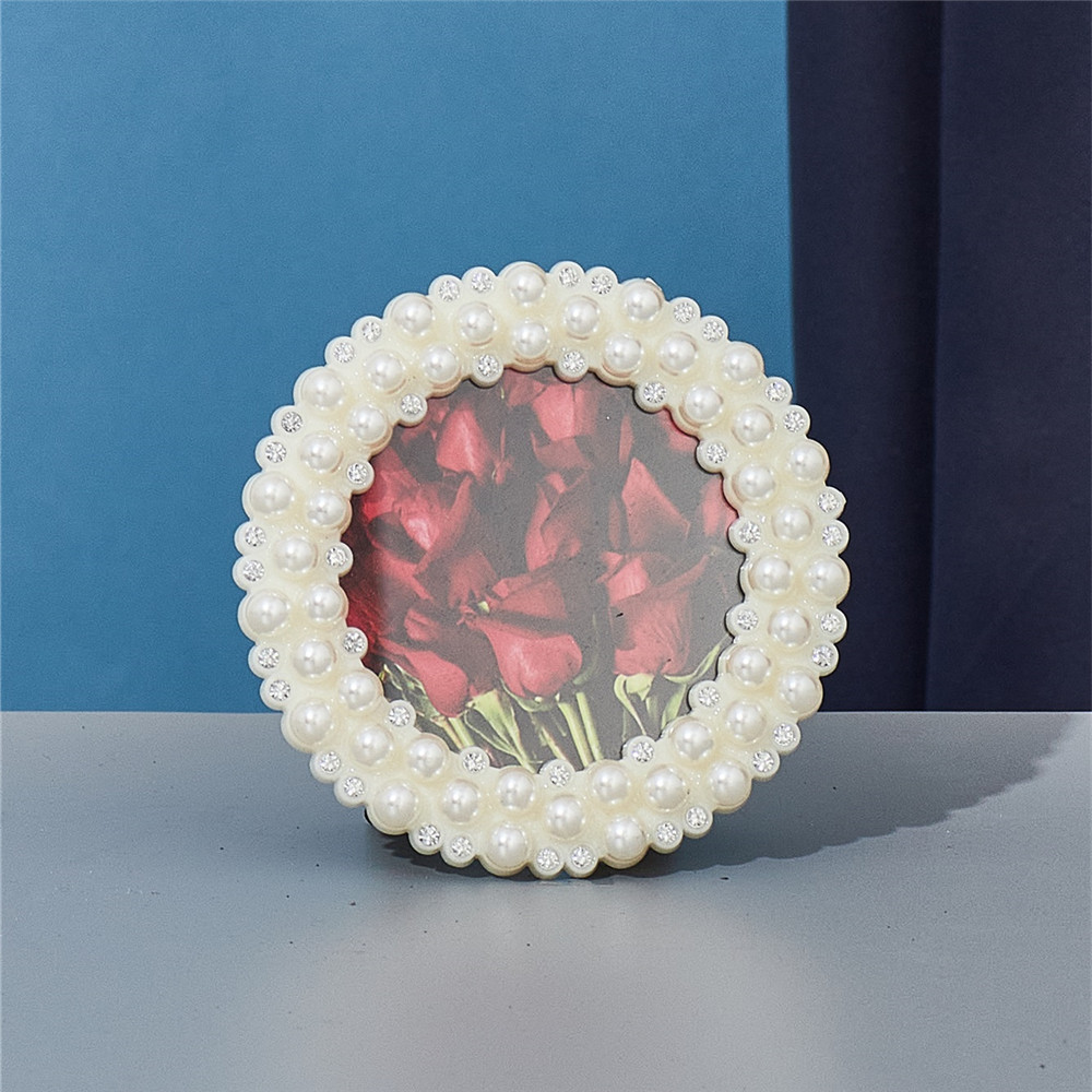 Marco de fotos de diamantes de perlas europeas, marco de fotos de boda rectangular redondo, marco de fotos de plástico impermeable, adorno de decoración del hogar: Blanco