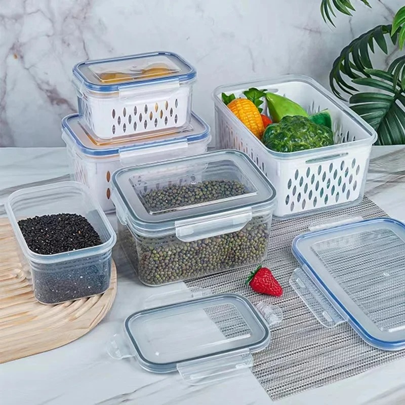 Caja de almacenamiento para refrigerador, cajas selladas de plástico para mantenimiento fresco de frutas y verduras, escurridor, contenedor de almacenamiento de alimentos para cocina y nevera