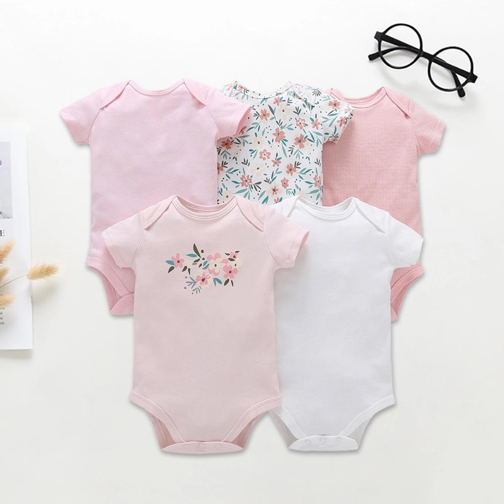 PatPat nouveauté automne et printemps 5-pack bande dessinée imprimé à manches courtes body pour bébé garçon et fille une pièce vêtements: Pink / 12-18 Months