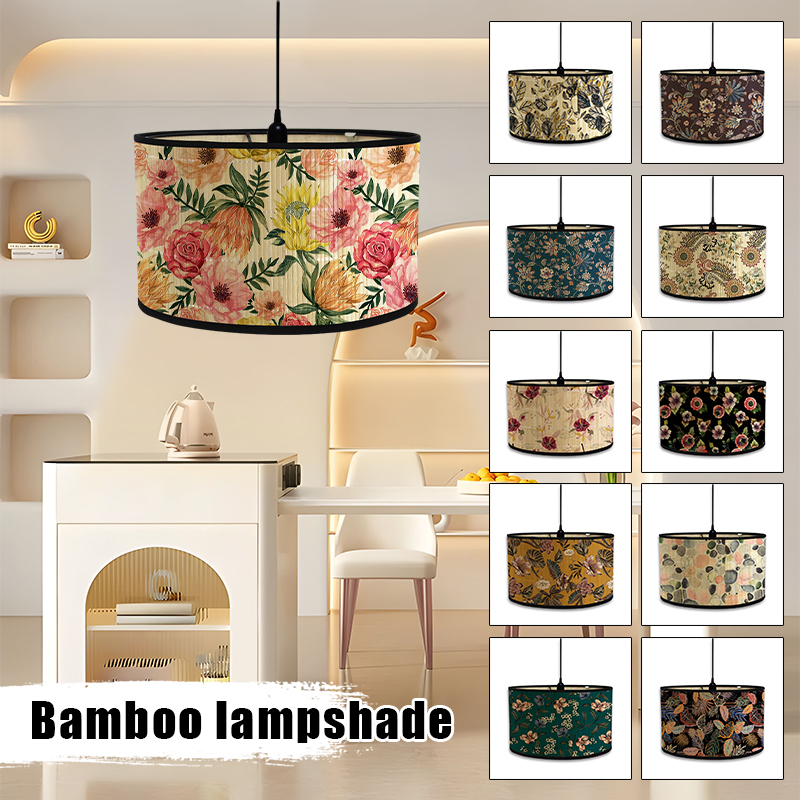 Håndlaget bambus lampeskjerm retro amerikansk blomstertrykk lampeskjerm varm husdekorasjon lysekrone lampeskjerm belysning håndverk
