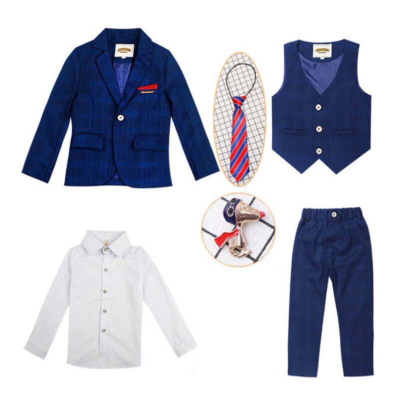 Formal Wedding Boys Suits 4 Pieces Dress Children Costume Tuxedo Kids Party Wear Clothes Gentlemen Teenage Ceremony School Sets: Blue / 5T