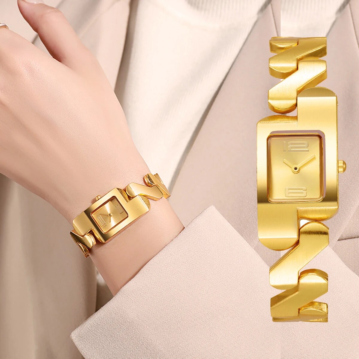 Simple Square Arabic Digital Small Dial Steel Belt Quartz Watch: Gold