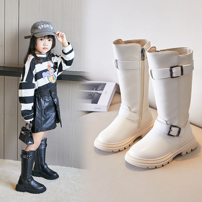 Stivali con plateau in PU per ragazze per matrimoni invernali 2022 stivali neri moda per bambini stivali alti traspiranti antiscivolo Chic 26-36 nuovo: Beige / 28(inner 17.2cm)