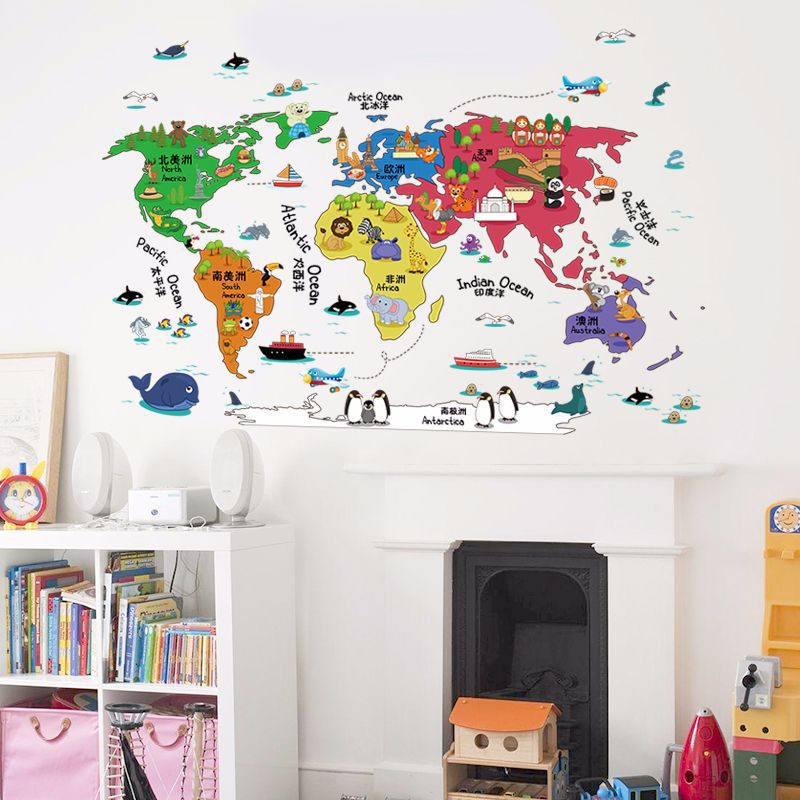 7 Kinds Large World Map Wall Stickers Cartoon Map Home Decor for Kids Room Vinyl DIY Wall Decals Travel round The World Sticker