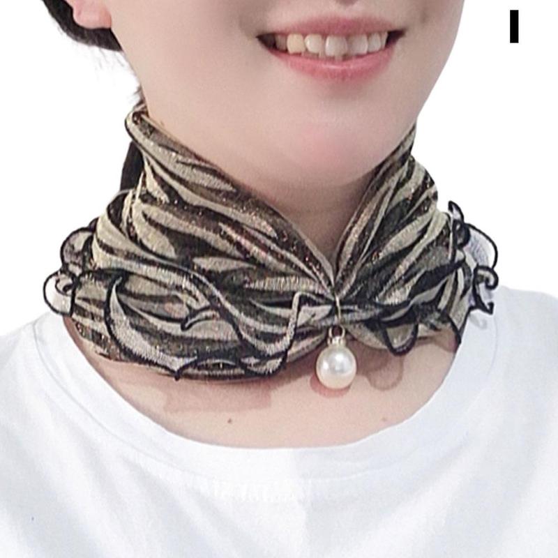 Ruffled Shiny Gold Silk Scarf Pearl Pendant Neck Lady&#39;s Head Jewelry Scarves Hair Accessory Necklace Girl Kerchief A3Z9: black white
