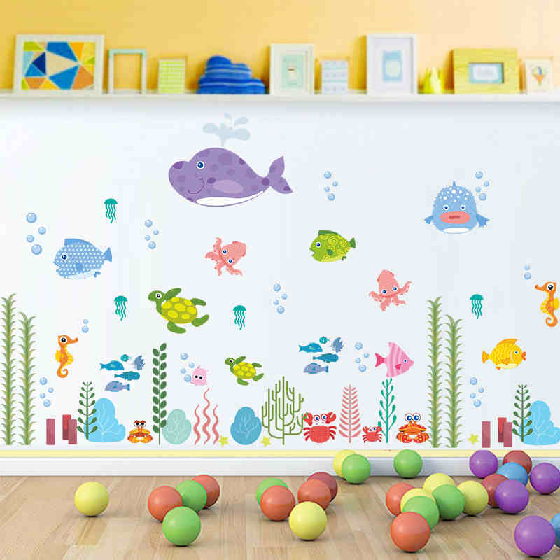 Onderwater Zeevissen Bubbels Schildpad Wall Art Decoratieve Badkamer Kids Slaapkamer Decor Poster Carton Muurstickers Decal