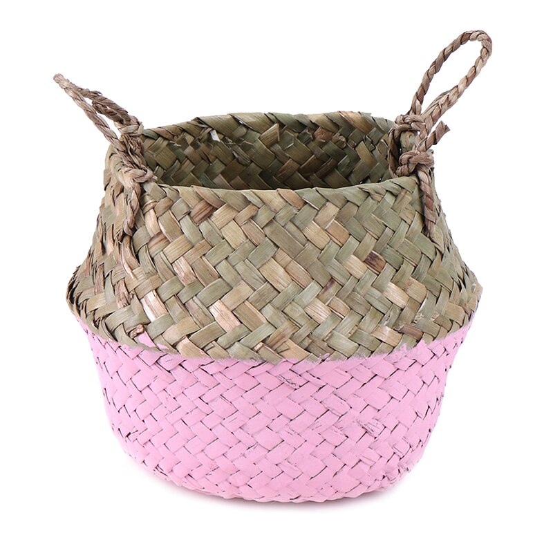 Mini Bambus Lagerung Körbe Faltbare Wäsche Stroh Patchwork Weide Rattan Seegras Bauch Blumentopf Pflanzer Handgemachte Korb: Rosa