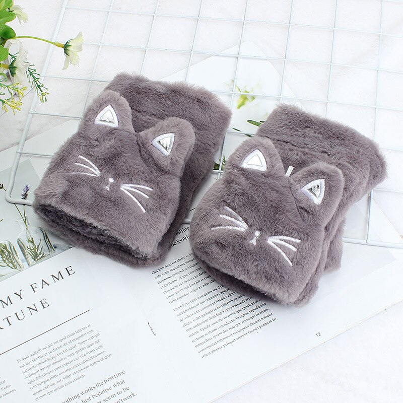 Kinder Mädchen Halbe Finger Flip Fäustlinge Plüsch Dicken Fahren Handschuhe Nette Katze Touchscreen Handschuhe für Mädchen Winter Warme Handschuhe: 2-Grey