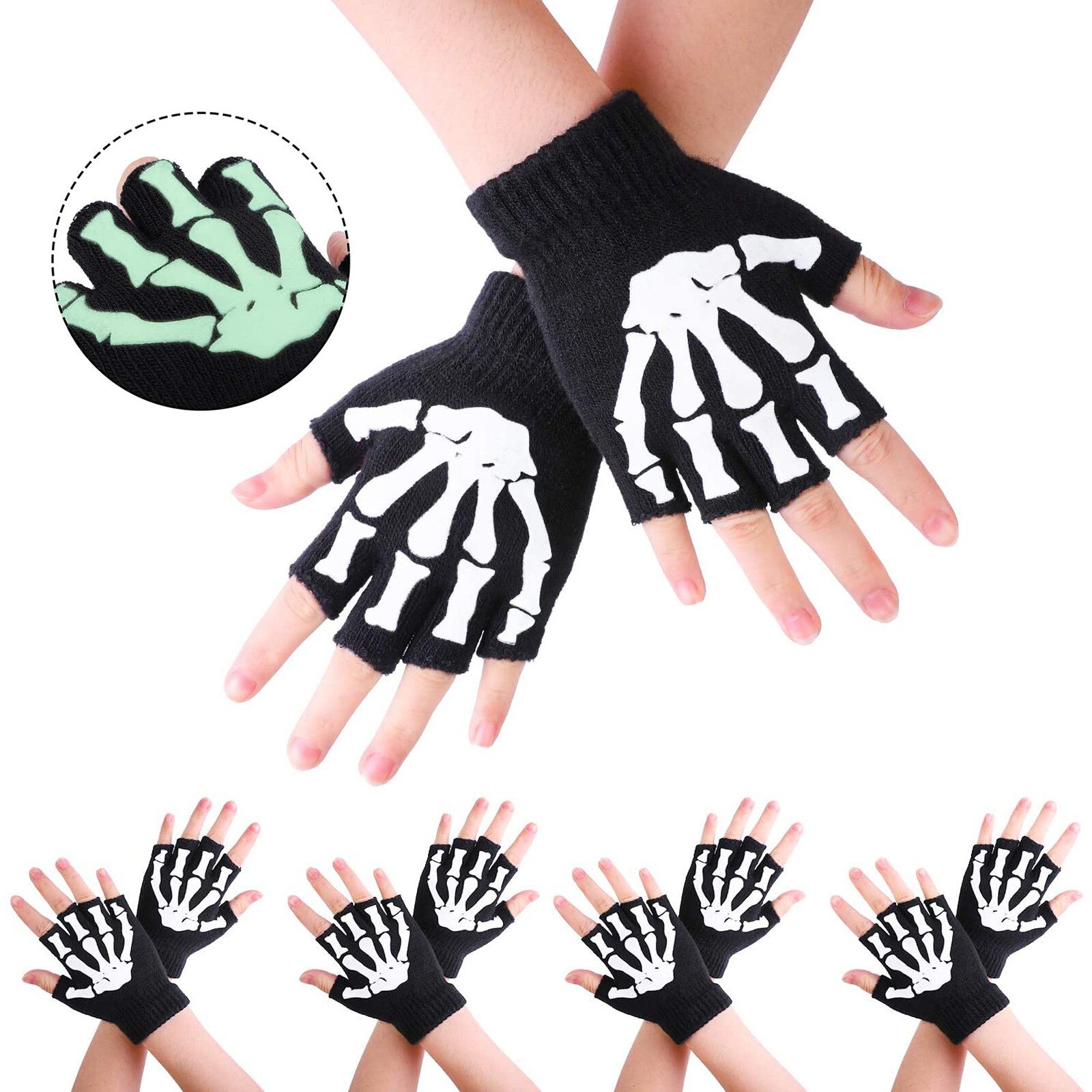 1/2/5 Pairs Kinderen Skelet Warm Glow In The Dark Vingerloze Gebreide Handschoenen Mitten Creatieve Lichtgevende Kinderen Handschoenen