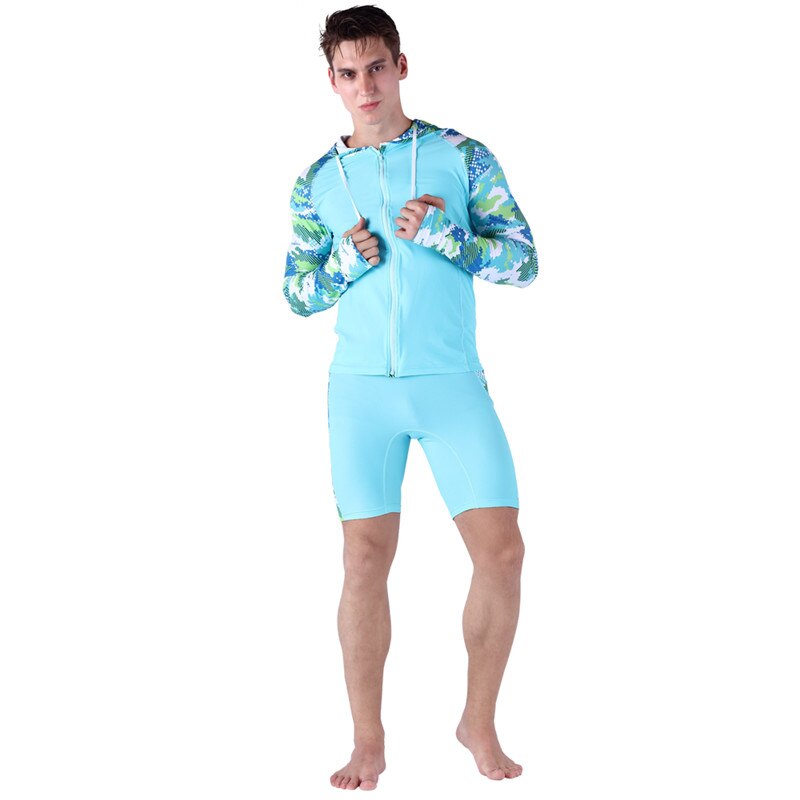 SABOLAY Compression Men's Rash Guard Swimsuit Hooded Shirt with Zipper UV Protection Long Sleeves Surfing shirts Swimwear shorts