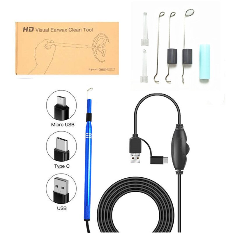 USB Endoscope Ear Cleaning Visual Ear Spoon 5.5mm 0.3MP Mini Camera Android PC Otoscope Borescope Health Care Tool otoscope: NKJ-blue