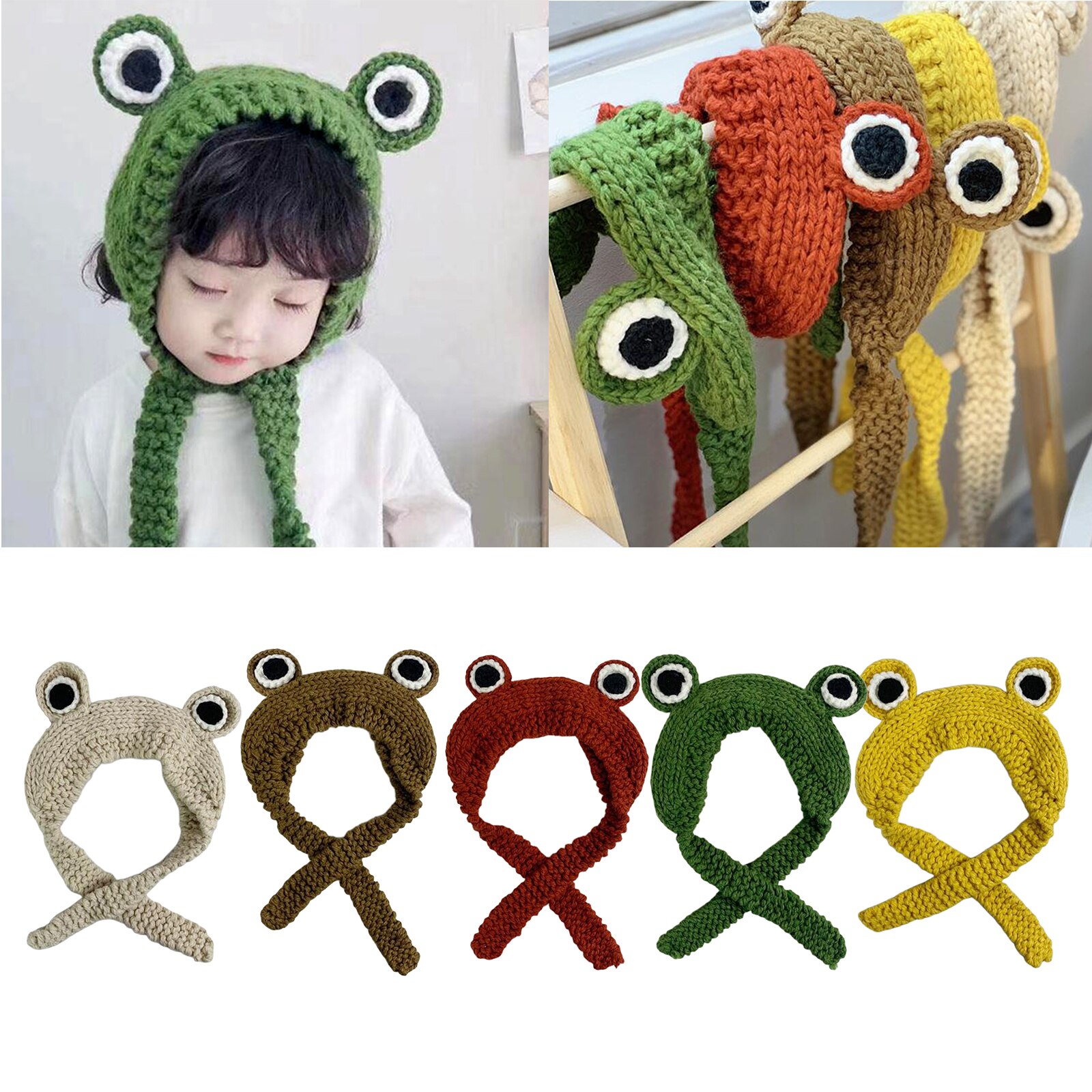 Damskie czapki zimowe śliczne żaby szydełkowe duże dzianiny dla dziewczynek czapka śliczna żaba oczy splot dzianiny Skullies czapka typu czapka bez daszka