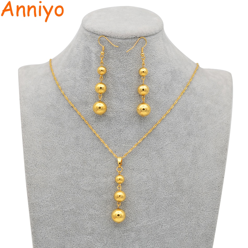 Anniyo – ensemble de bijoux couleur or, 3 boules, pendentif, chaîne, boucles d'oreilles pour femmes, bijoux arabes/africains éthiopiens, #069106
