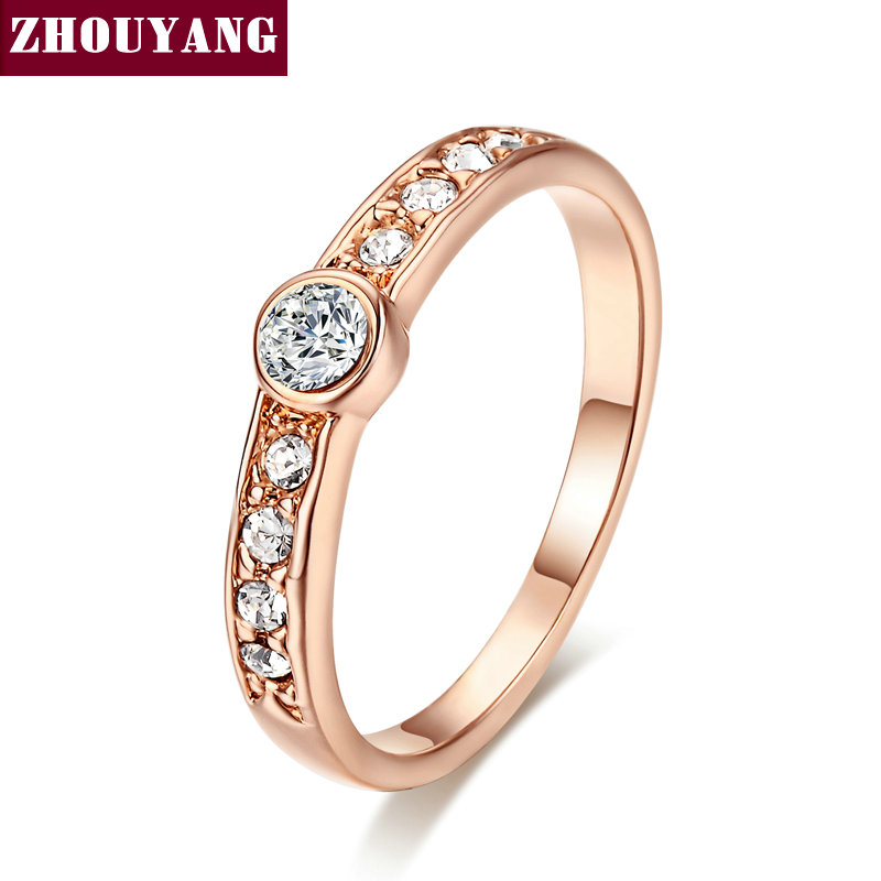 ZHOUYANG-Anillo de boda para mujer, Micro insertos clásicos de circonia cúbica, anillo de compromiso de boda, joyería de Color oro rosa R062: 7.25 / Verde