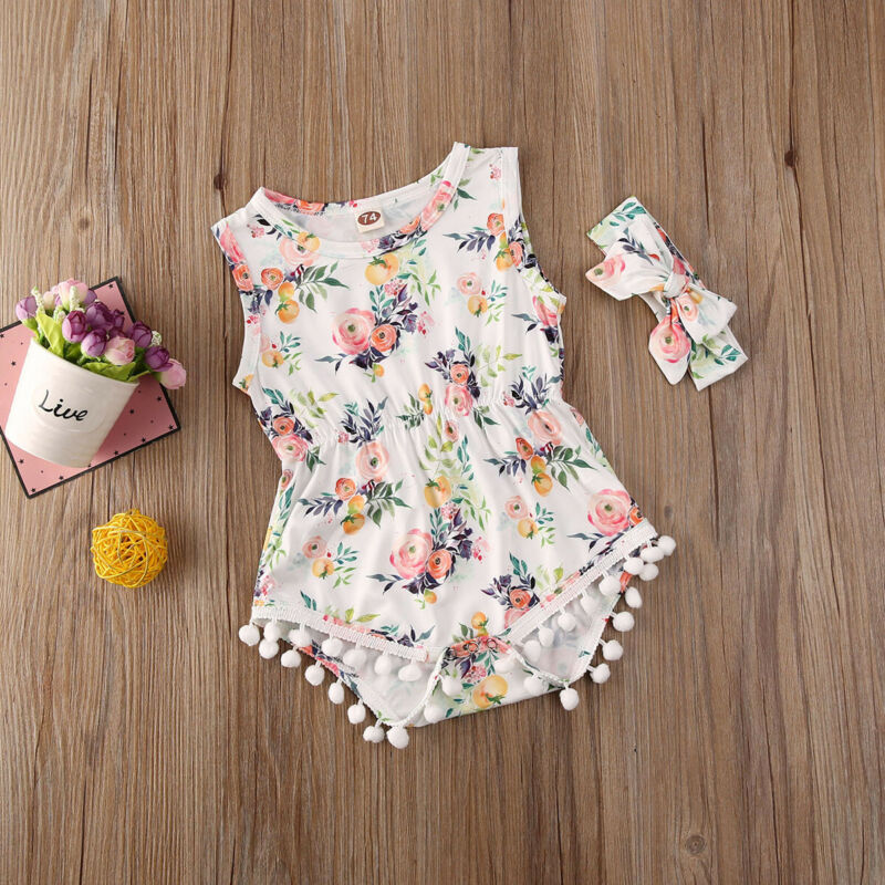 Bebis sommar kläder nyfödd bebis flickor småbarn blomma tofs boll body jumpsuit ärmlös soldräkt outfits