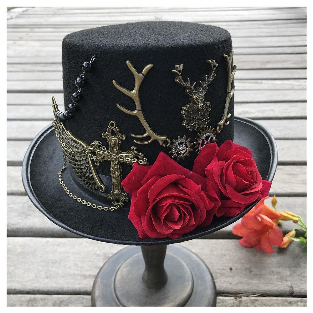 Kvinder håndlavet steampunk top hat med blomster scene magisk hat fest hat størrelse 57cm steampunk hat: Default Title