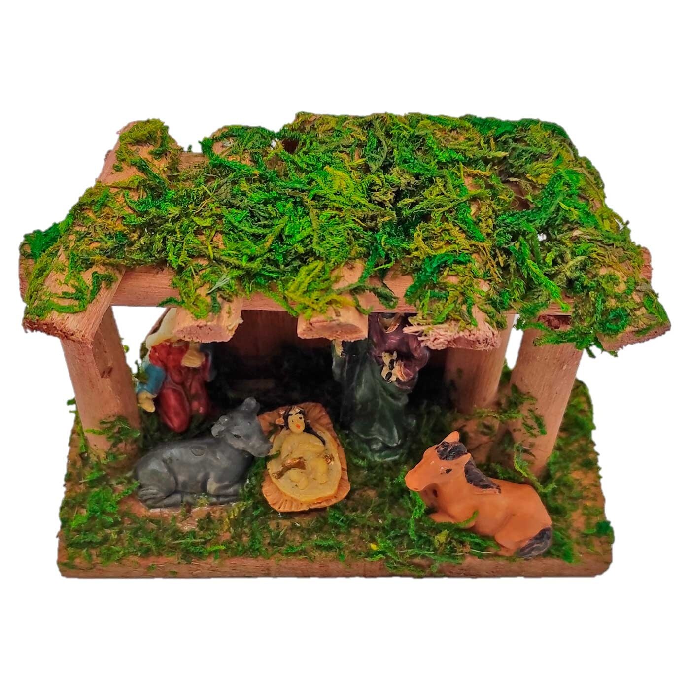 Portal de belén, cueva con figuras del nacimiento 8,5 x 12 x 5 cm, niño Jesús, virgen María, José, buey y mula, pesebre belén n